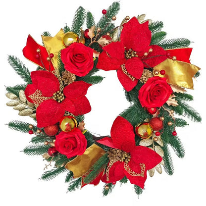 Front Door Christmas Wreath with Red Flowers
