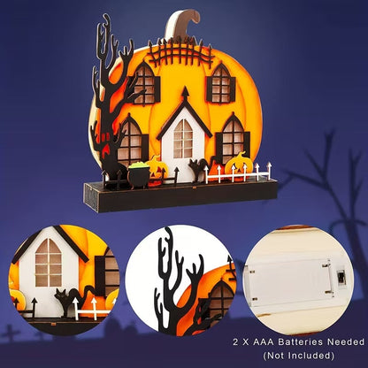 Wooden Lighted Pumpkin House Halloween Tabletop Decoration