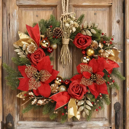 Front Door Christmas Wreath with Red Flowers