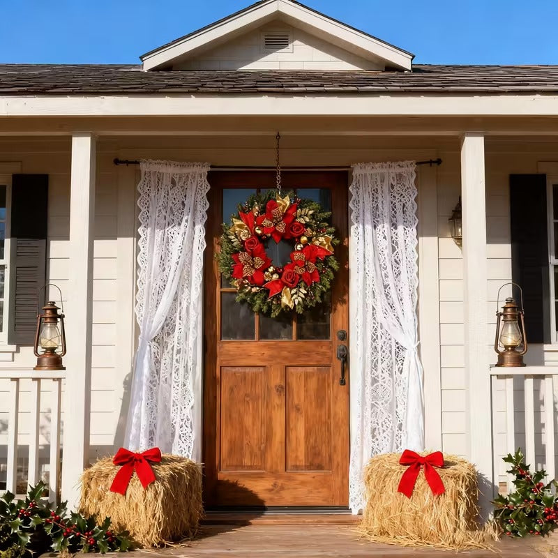 Front Door Christmas Wreath with Red Flowers