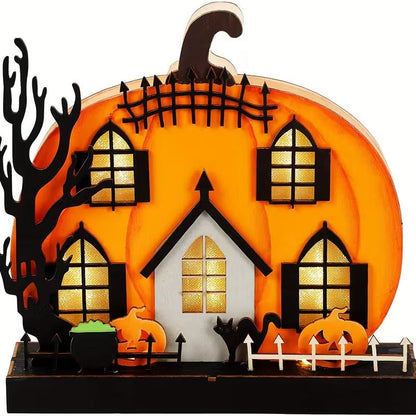 Wooden Lighted Pumpkin House Halloween Tabletop Decoration