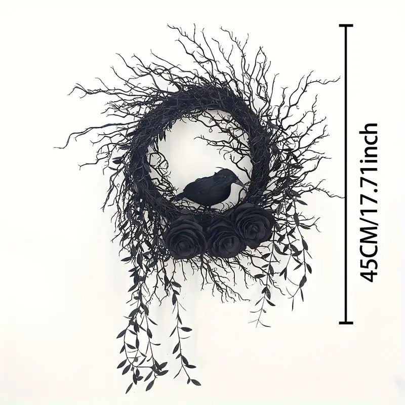 Halloween Wreath Crow & Dark Blue Roses