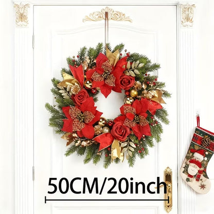 Front Door Christmas Wreath with Red Flowers