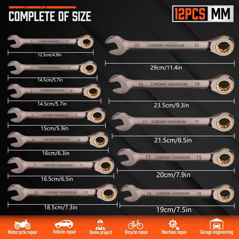 12pcs Ratcheting Wrench Set Metric & SAE