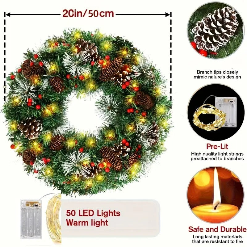 Christmas Wreath Pre-Lit Pine Cone LED Decoration