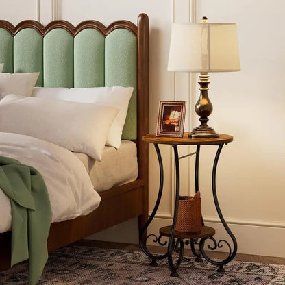 Retro Round Side Table with Bookshelf Storage