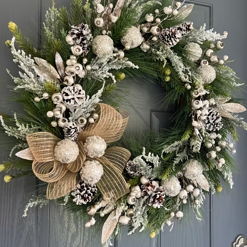 Christmas Pine Wreath with Cones and Ribbon