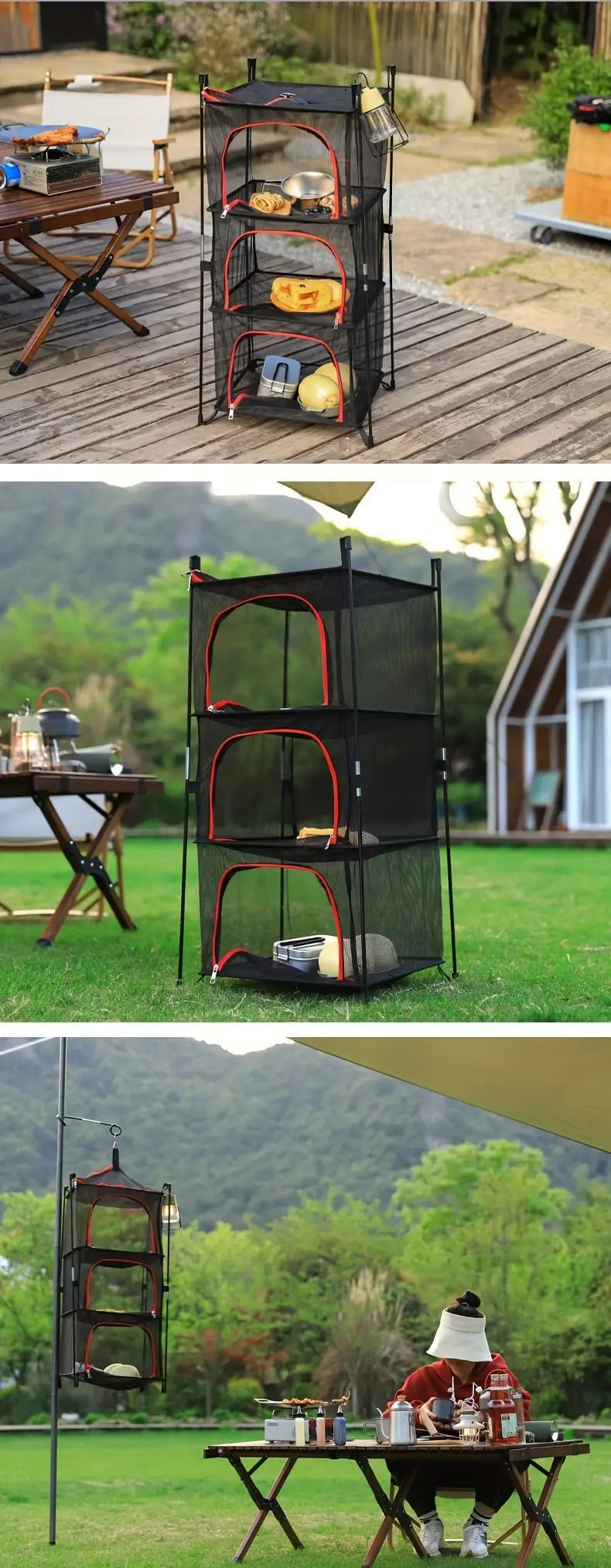 3-Tier Camping Storage Net Foldable Hanging Rack