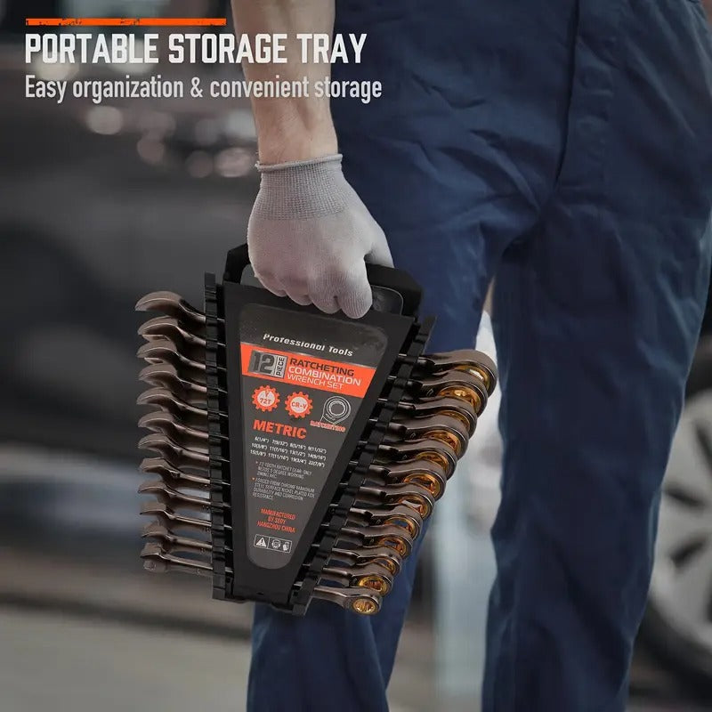 12pcs Ratcheting Wrench Set Metric & SAE