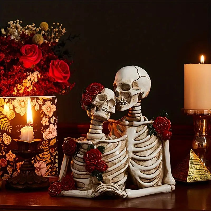 Rose Skull Figurine Holding Hands Halloween Decor