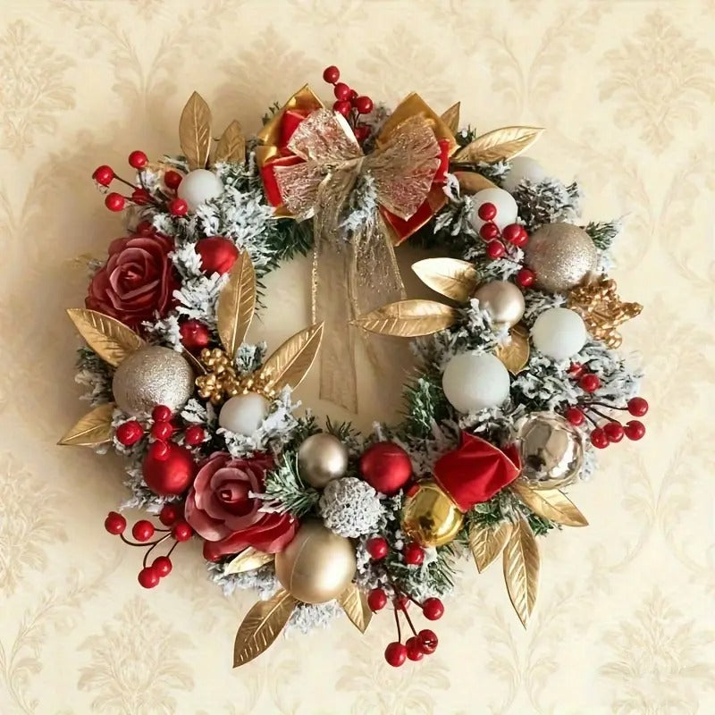 Red and Gold Christmas Wreath with Glittering Bow