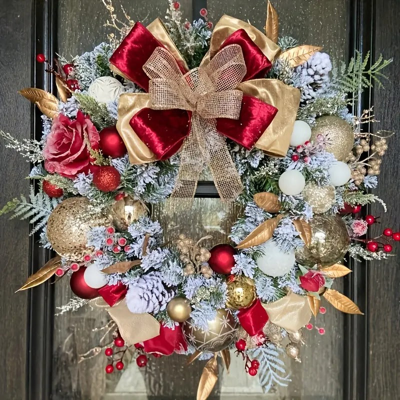 Red and Gold Christmas Wreath with Glittering Bow