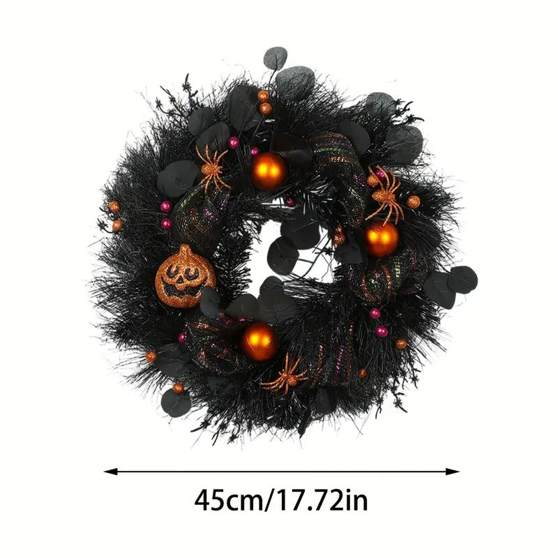 Halloween Black Wreath with Pumpkin Skull