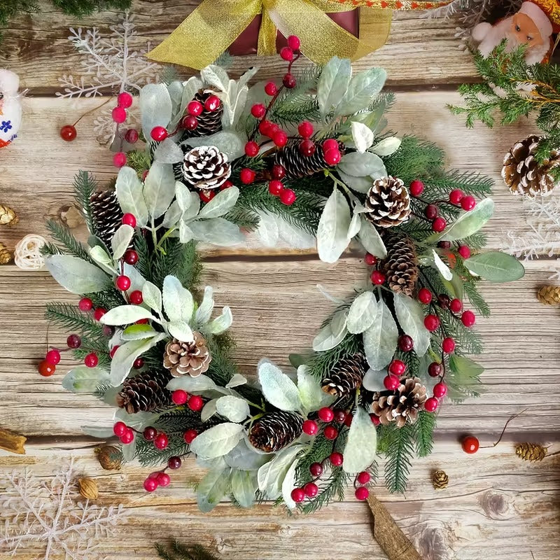 Christmas Wreath Wall Hanging with Pine Cones & Red Berries