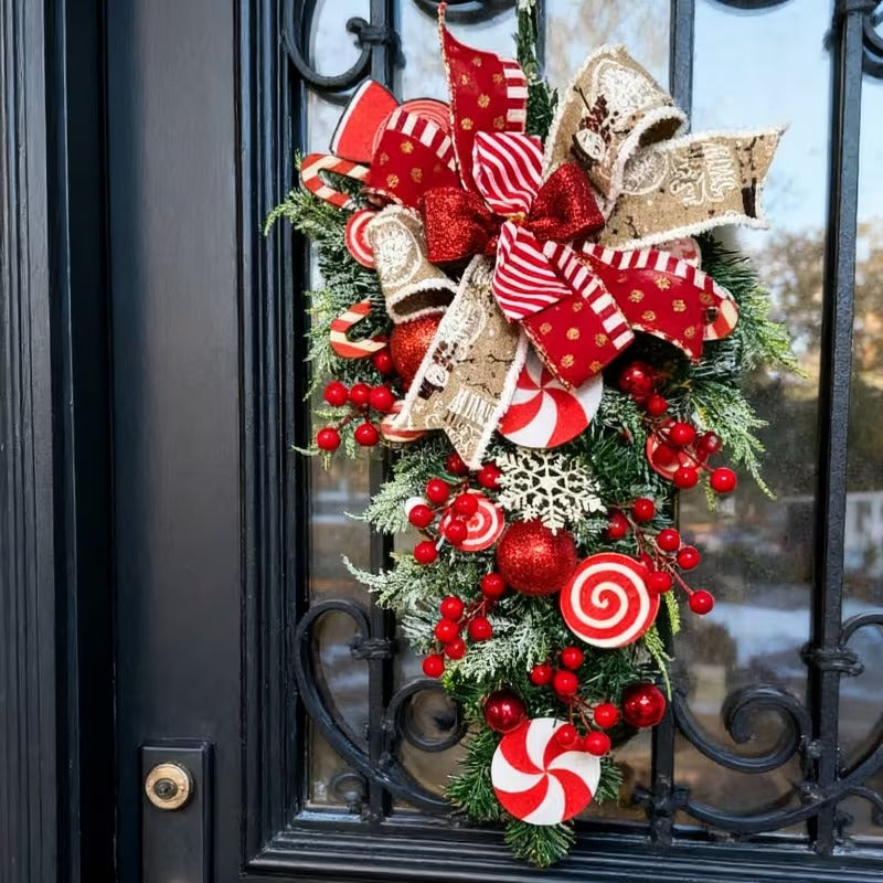 Christmas Candy Bow Upside-Down Tree Wreath Decor