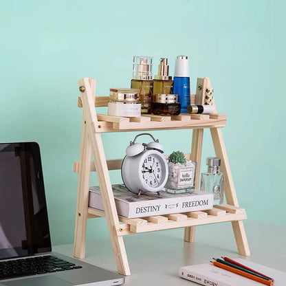 Wooden Desktop Storage Rack Double Layer Folding Shelf