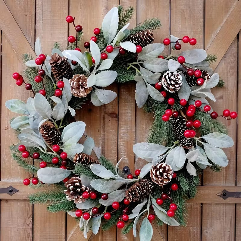 Christmas Wreath Wall Hanging with Pine Cones & Red Berries