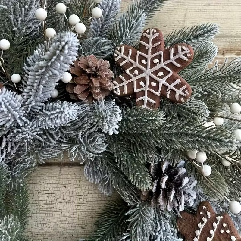 Gingerbread Christmas Wreath with House & Snowflake Ornaments