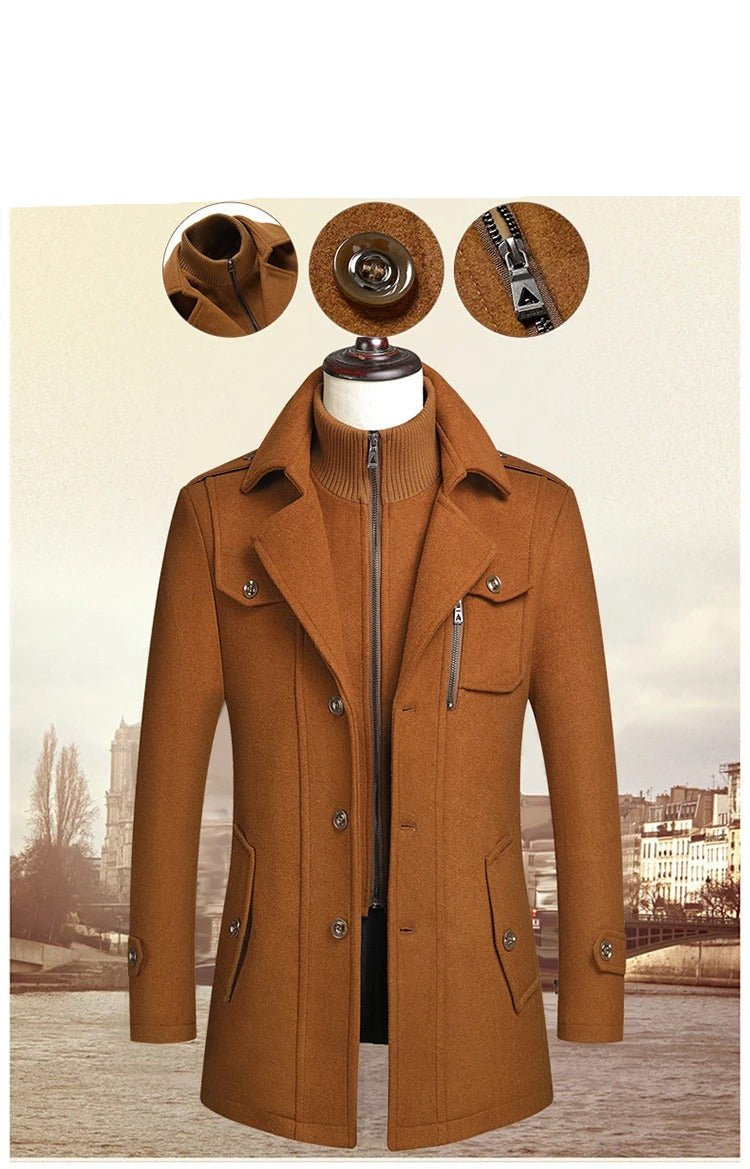 Men's Double Collar Wool Business Coat Winter (Khaki)