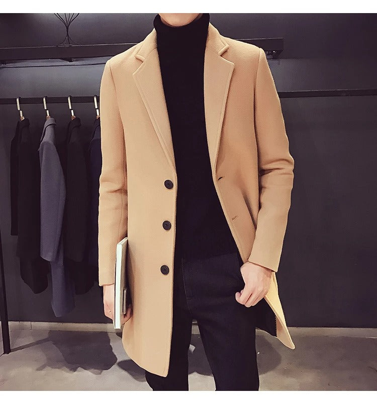 Men's Cotton Wool Blend Long Windbreaker Coat (Black Khaki)