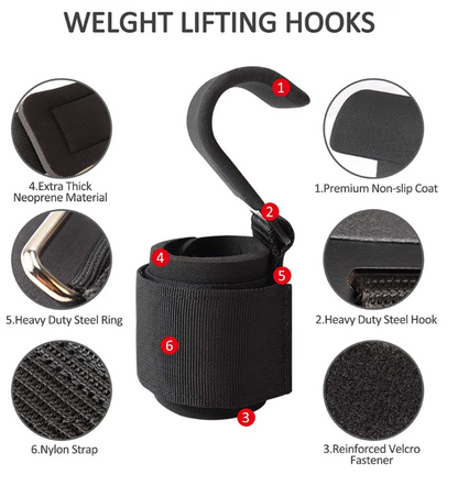 PowerLift Hook Grips with Wrist Wraps & Hand-Bar Straps