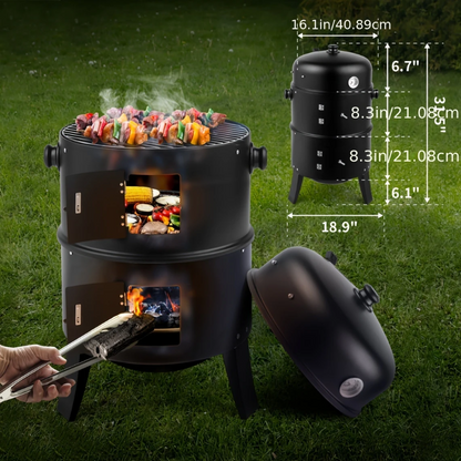 3-in-1 Charcoal Smoker Grill Outdoor BBQ Cooker