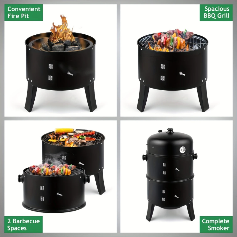 3-in-1 Charcoal Smoker Grill Outdoor BBQ Cooker