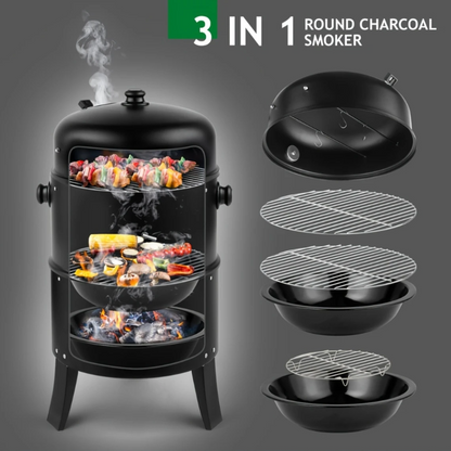 3-in-1 Charcoal Smoker Grill Outdoor BBQ Cooker