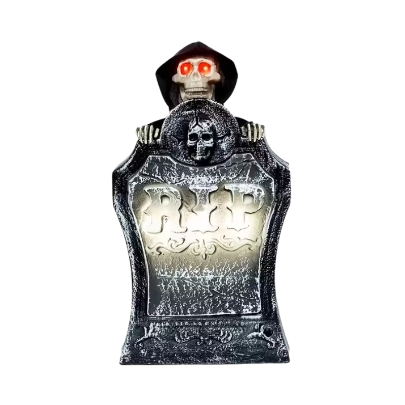 Glowing Halloween Tombstone with Red Light Skull