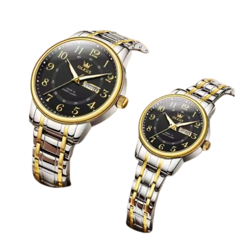 Quartz Couple Watch Stainless Steel Waterproof Pair (Gold Black)