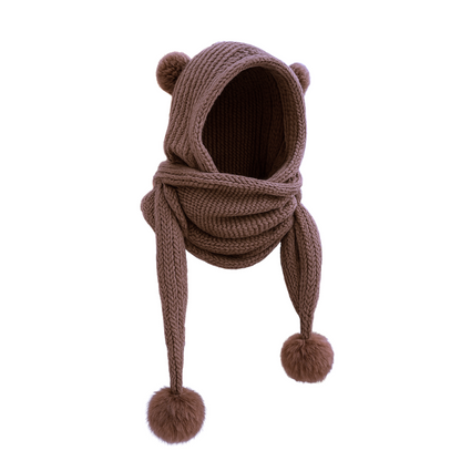 Women's Knit Beanie Hat with Scarf & Pom-Poms