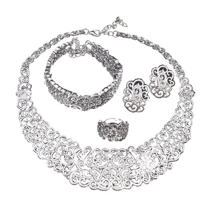 Jewelry Set Necklace Earrings Ring Bracelet (Silver)