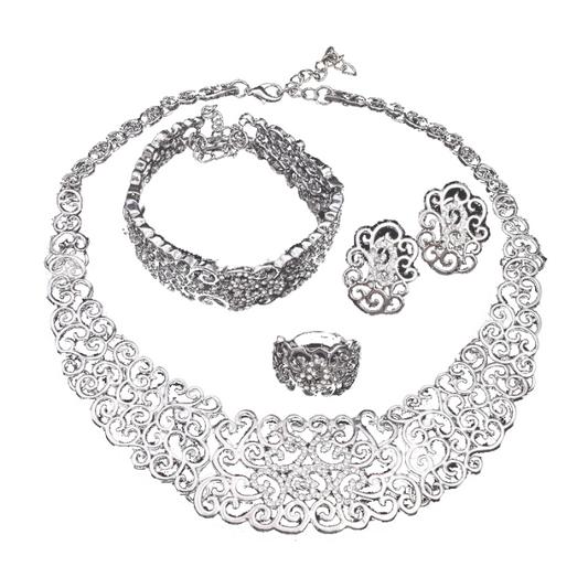 Jewelry Set Necklace Earrings Ring Bracelet (Silver)