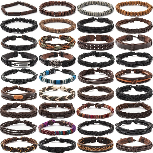 Men's Vintage PU Leather Bracelet Set (36pcs)