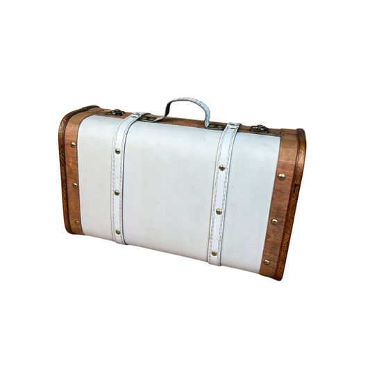 Vintage Cream Wooden Storage Suitcase with Handle