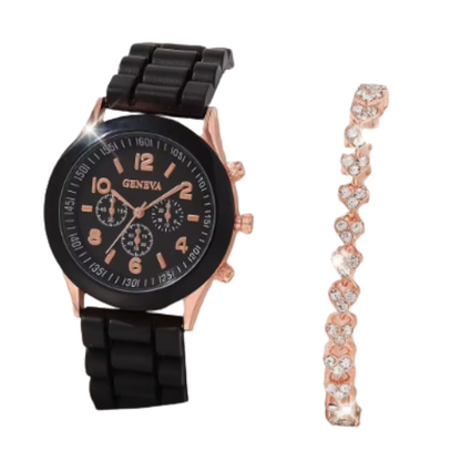 Womens Watch Jewelry Bracelet Ring Set (BK-SL)