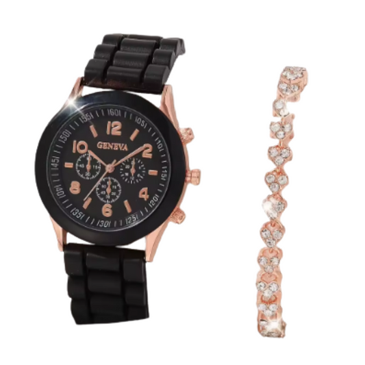 Womens Watch Jewelry Bracelet Ring Set (BK-SL)