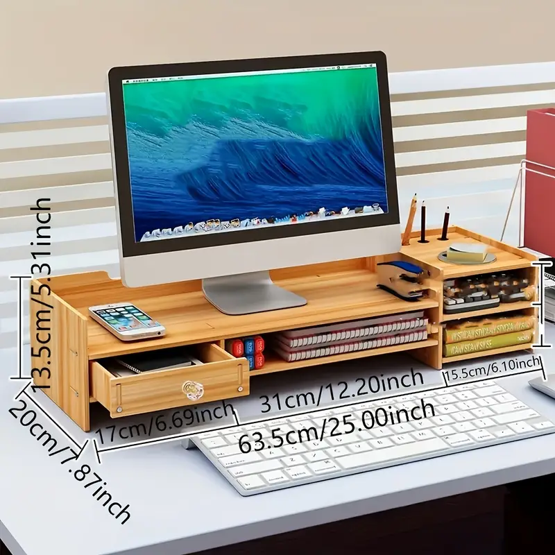 Wood Monitor Stand with Drawer & Keyboard Tray