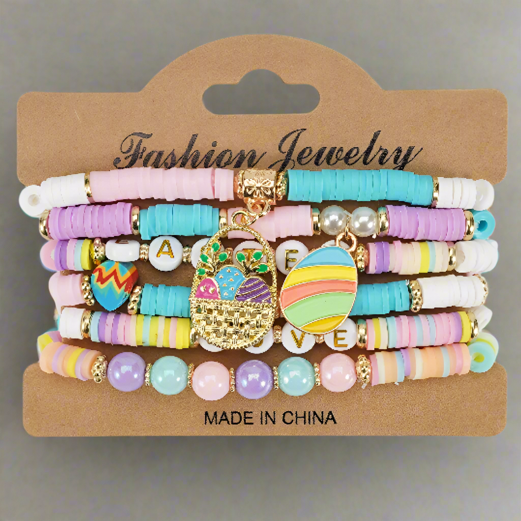 Vintage Easter Beaded Bracelets Set with Egg Charms