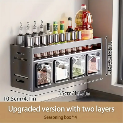 Wall-Mounted Aluminum Spice Rack with Clear Jars