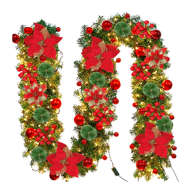 Lighted Christmas Wreath with Red Poinsettia