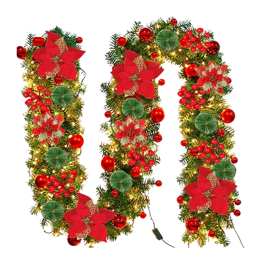 Lighted Christmas Wreath with Red Poinsettia