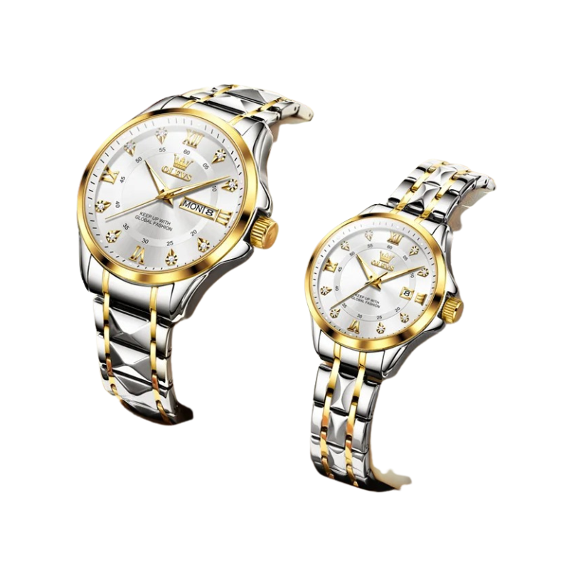 Quartz Couple Watch Stainless Steel Waterproof Pair (Gold White )