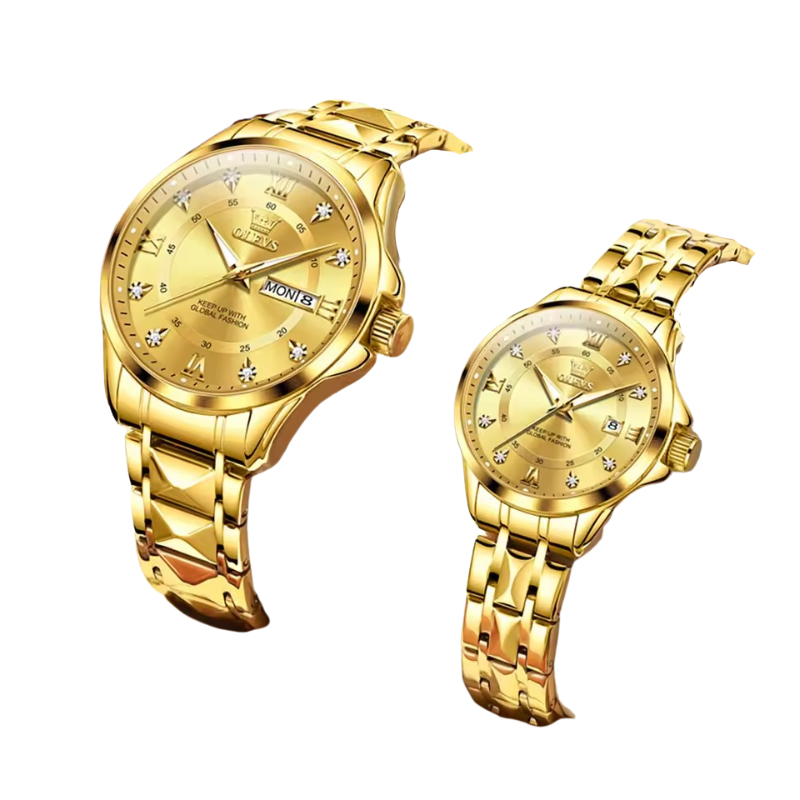 Quartz Couple Watch Stainless Steel Waterproof Pair (All Gold)